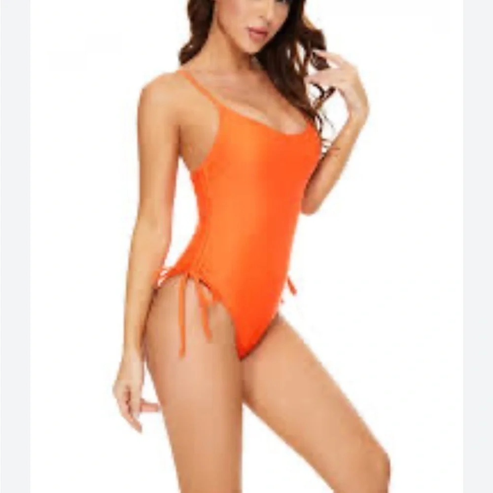 GILIGEGE Women's Swimsuit Ruched High Cut orange Size Medium
